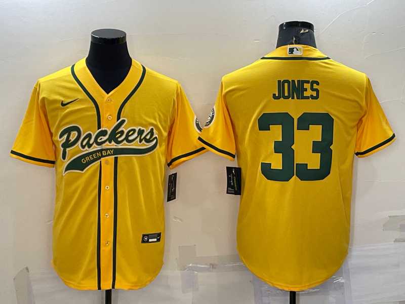 Men%27s Green Bay Packers #33 Aaron Jones Yellow With Patch Cool Base Stitched Baseball Jersey